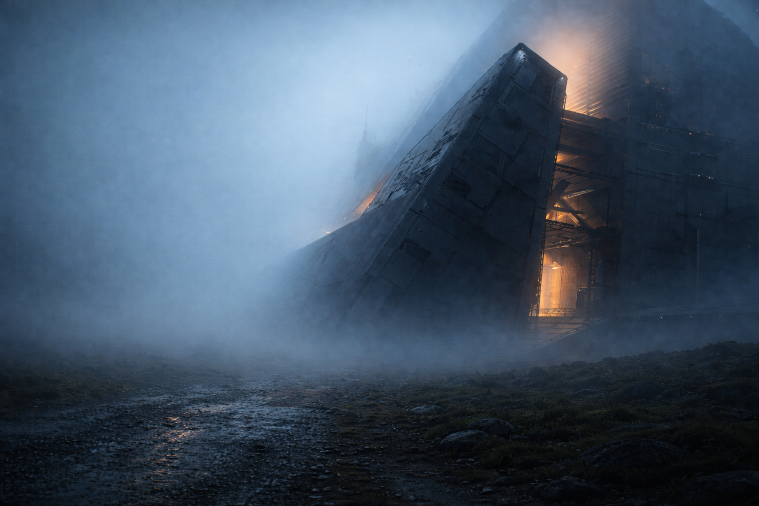 Monolithic data center emerging from fog